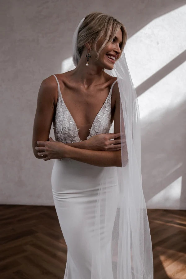 Elegant Mermaid V-Neck Sheer Cape Lace Back Train Wedding Dresses