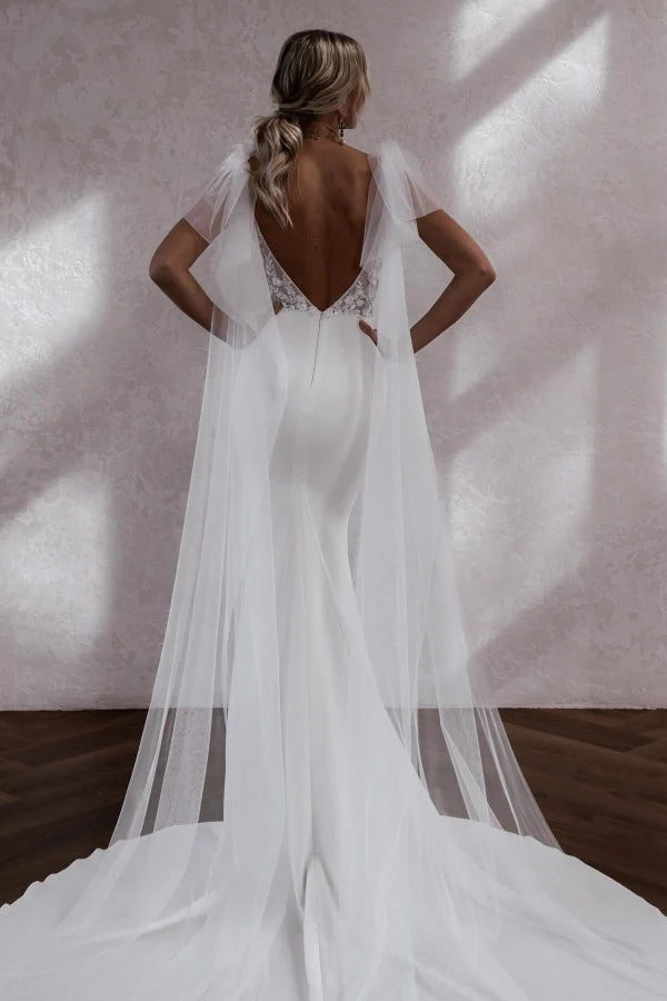 Elegant Mermaid V-Neck Sheer Cape Lace Back Train Wedding Dresses