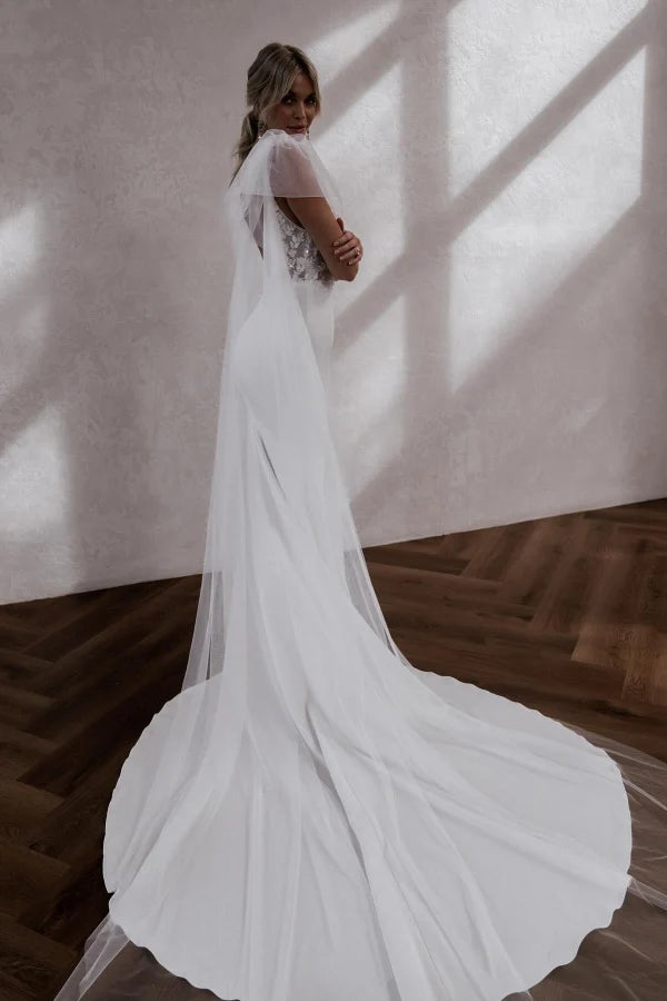 Elegant Mermaid V-Neck Sheer Cape Lace Back Train Wedding Dresses