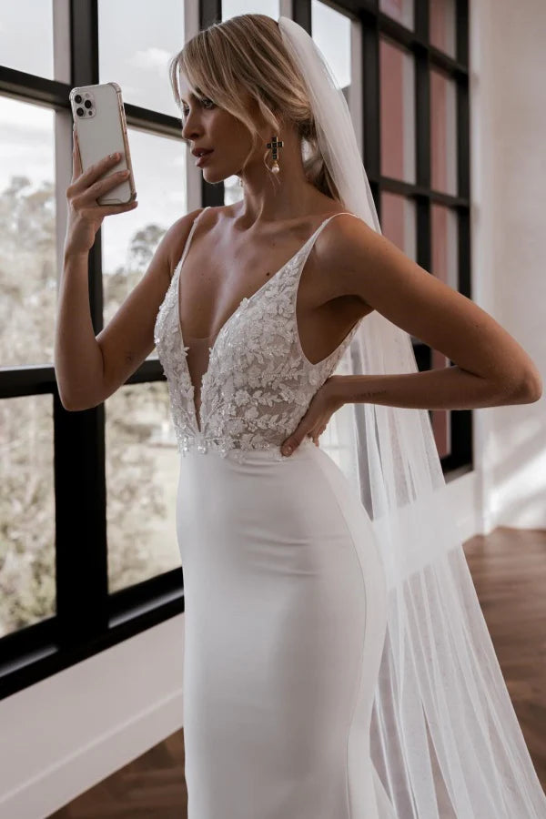 Elegant Mermaid V-Neck Sheer Cape Lace Back Train Wedding Dresses