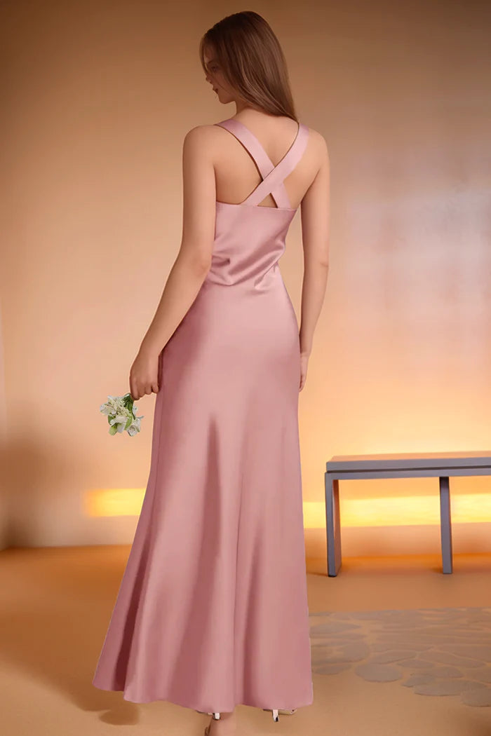 Elegant Mermaid V Neck Criss Cross Back Floor Length Bridesmaid Dresses