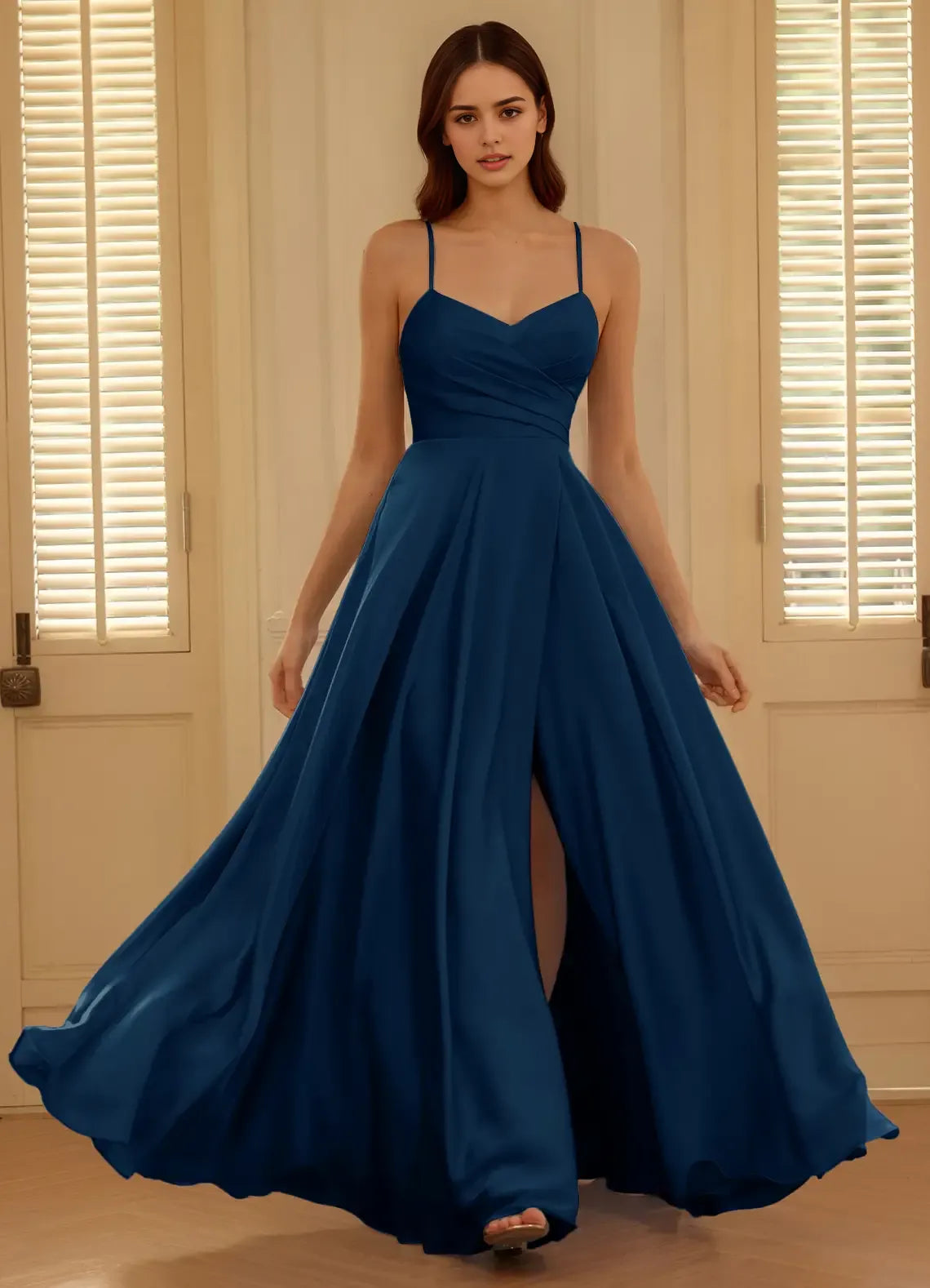 Elegant Navy A-Line V-Neckline Spaghetti Strap Floor-Length Satin Prom Dress with Crisscross Lace-Up Back High Slit