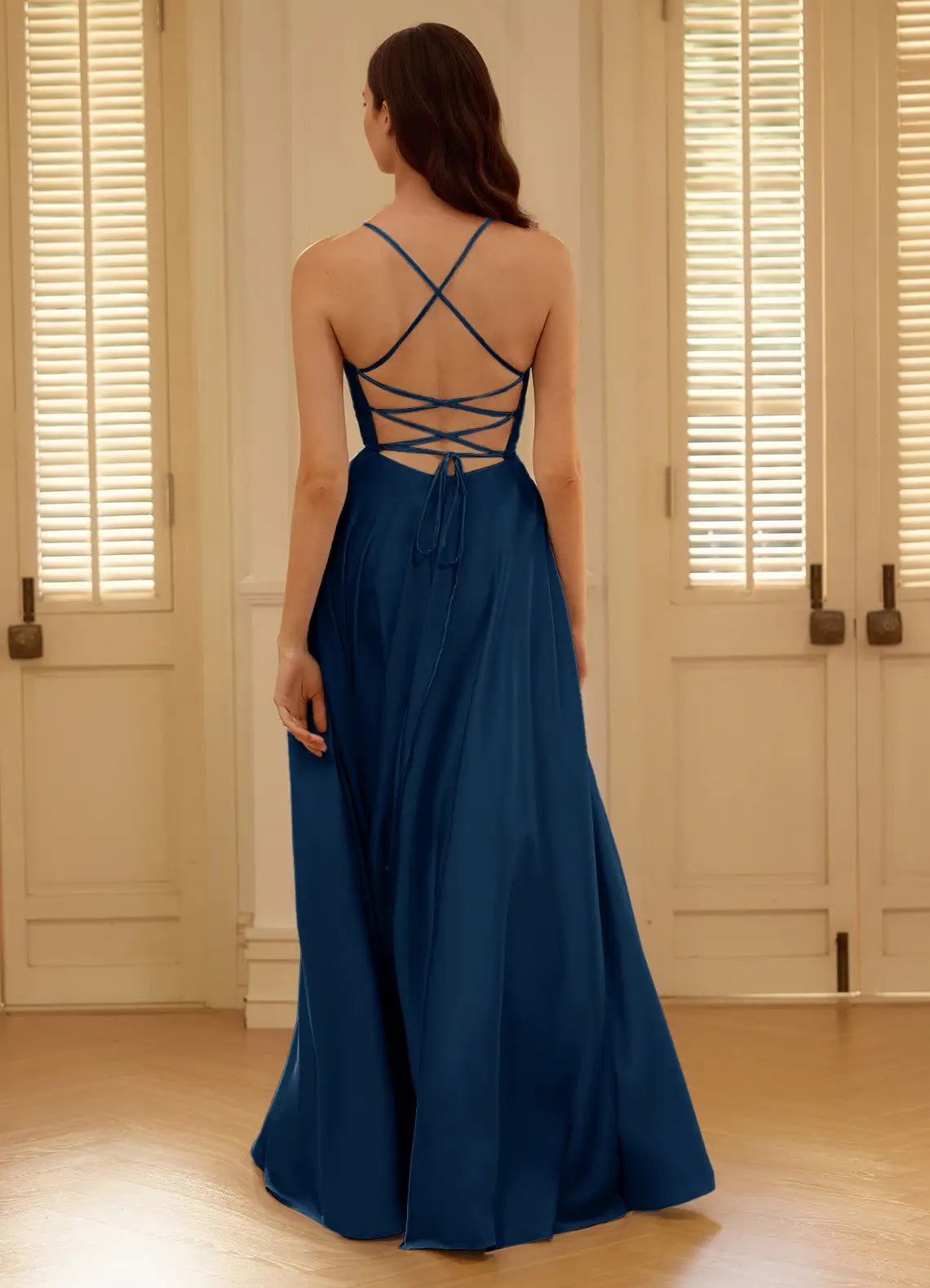 Elegant Navy A-Line V-Neckline Spaghetti Strap Floor-Length Satin Prom Dress with Crisscross Lace-Up Back High Slit