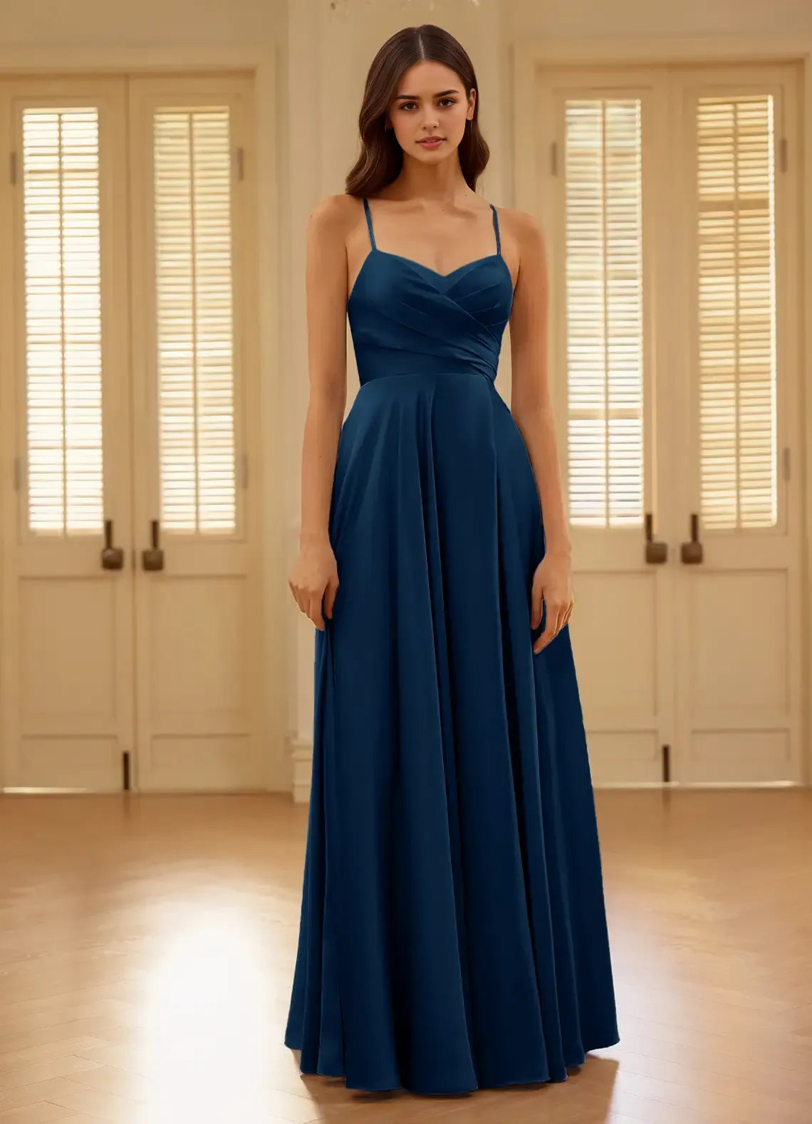 Elegant Navy A-Line V-Neckline Spaghetti Strap Floor-Length Satin Prom Dress with Crisscross Lace-Up Back High Slit