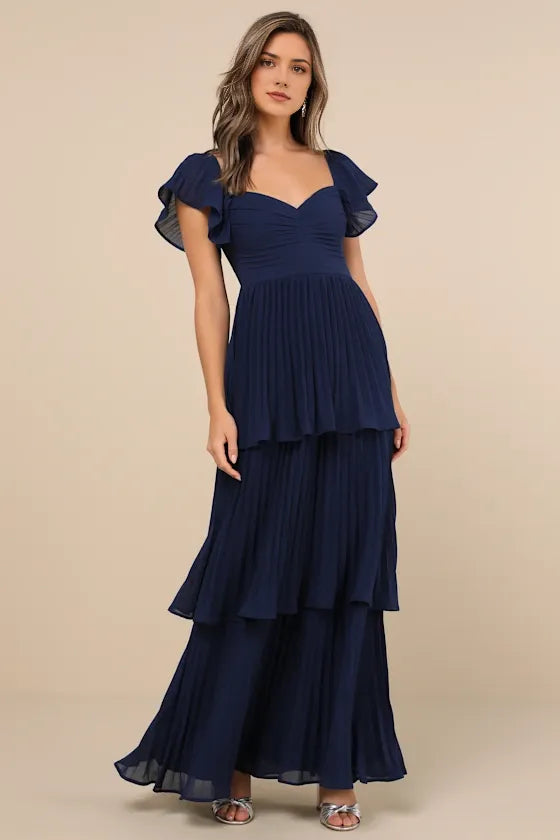 Elegant Navy Blue A-Line Deep-V Flutter-Sleeve Bow-Back Floor-Length Pleated Prom Dresses hot sale