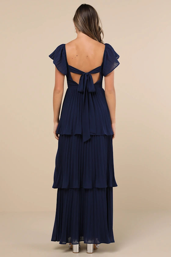 Elegant Navy Blue A-Line Deep-V Flutter-Sleeve Bow-Back Floor-Length Pleated Prom Dresses hot sale