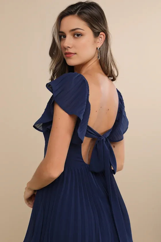 Elegant Navy Blue A-Line Deep-V Flutter-Sleeve Bow-Back Floor-Length Pleated Prom Dresses hot sale