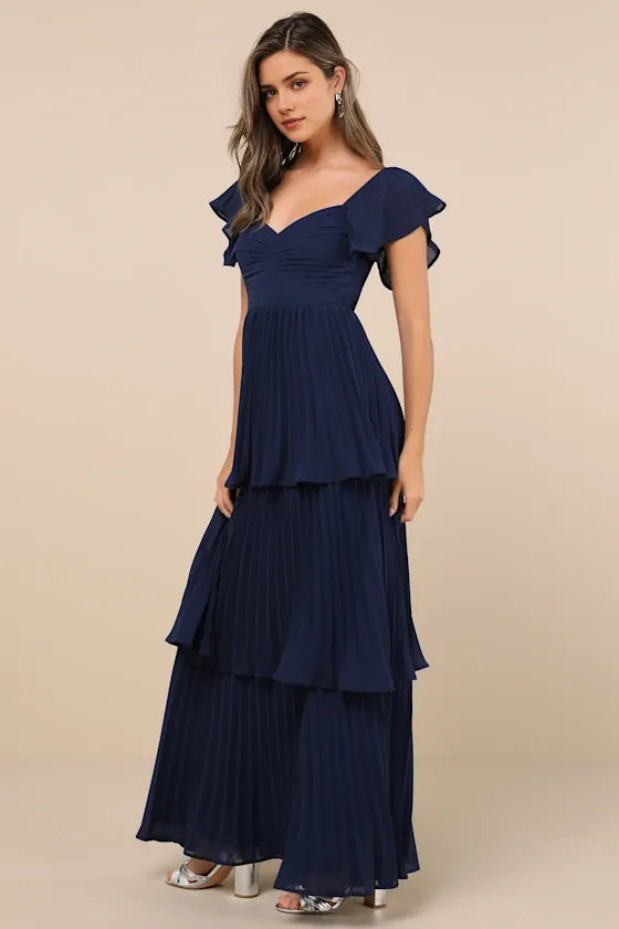 Elegant Navy Blue A-Line Deep-V Flutter-Sleeve Bow-Back Floor-Length Pleated Prom Dresses hot sale