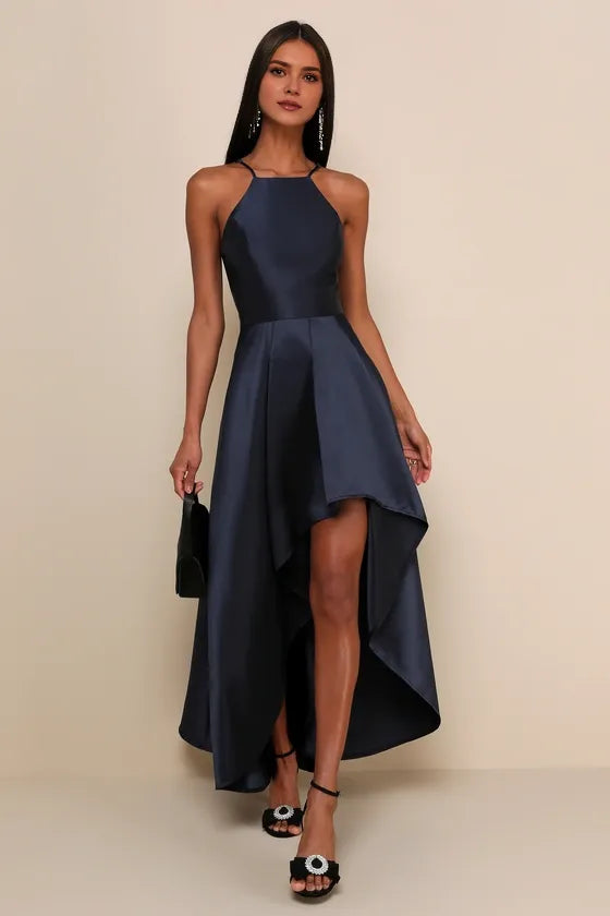 Elegant  Navy Blue A-Line Halter Neck Sleeveless Hidden Back Zipper Satin High-Low Prom Dresses Hot Sale