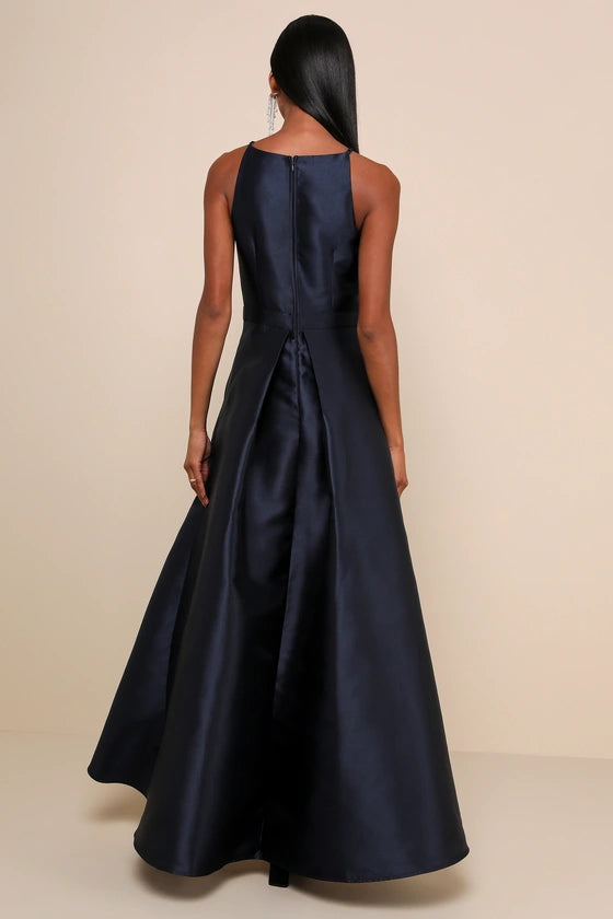 Elegant  Navy Blue A-Line Halter Neck Sleeveless Hidden Back Zipper Satin High-Low Prom Dresses Hot Sale