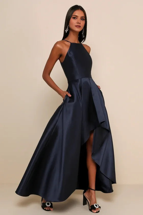 Elegant  Navy Blue A-Line Halter Neck Sleeveless Hidden Back Zipper Satin High-Low Prom Dresses Hot Sale