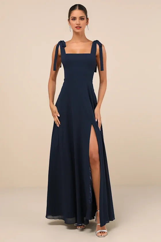 Elegant Navy Blue A-Line Square Neck Bow-Strap Back Zip Ankle-Length High-Slit Chiffon Prom Dresses