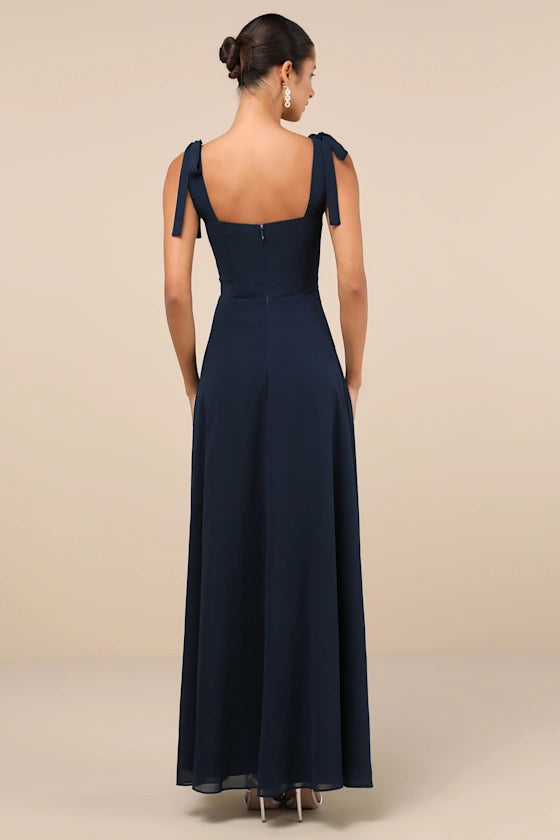 Elegant Navy Blue A-Line Square Neck Bow-Strap Back Zip Ankle-Length High-Slit Chiffon Prom Dresses