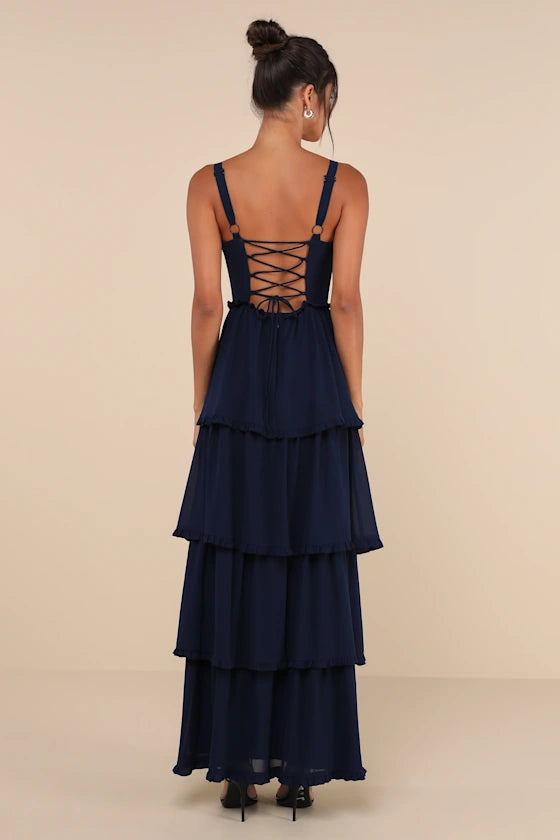 Elegant Navy Blue A-Line Sweetheart Neck Sleeveless Lace-Up Back Floor-Length Tiered Chiffon Prom Dress