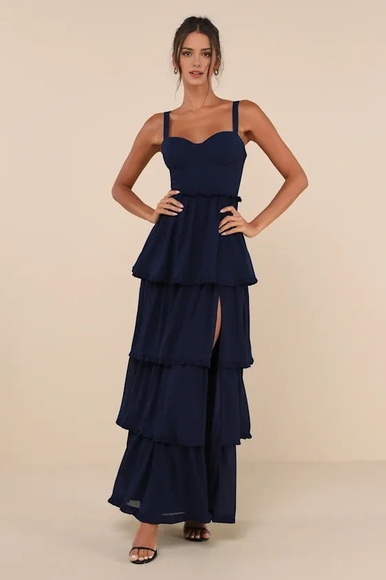 Elegant Navy Blue A-Line Sweetheart Neck Sleeveless Lace-Up Back Floor-Length Tiered Chiffon Prom Dress