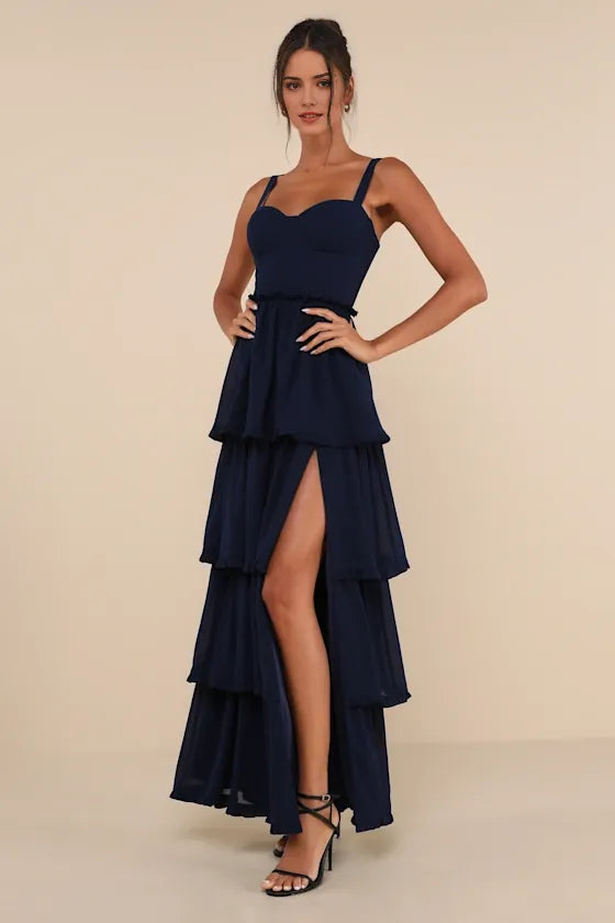 Elegant Navy Blue A-Line Sweetheart Neck Sleeveless Lace-Up Back Floor-Length Tiered Chiffon Prom Dress