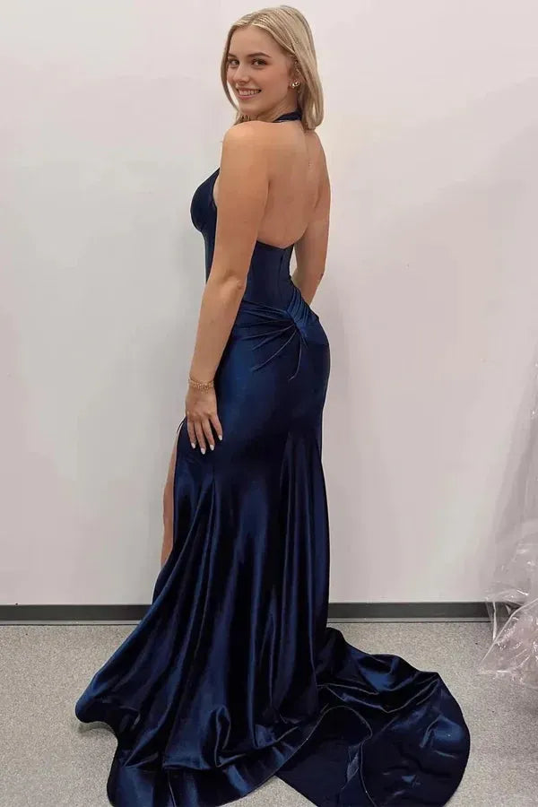 Elegant Navy Blue Mermaid Halter Neck Sleeveless Back Zip Ruched Satin Floor-Length Prom Dress with Slit