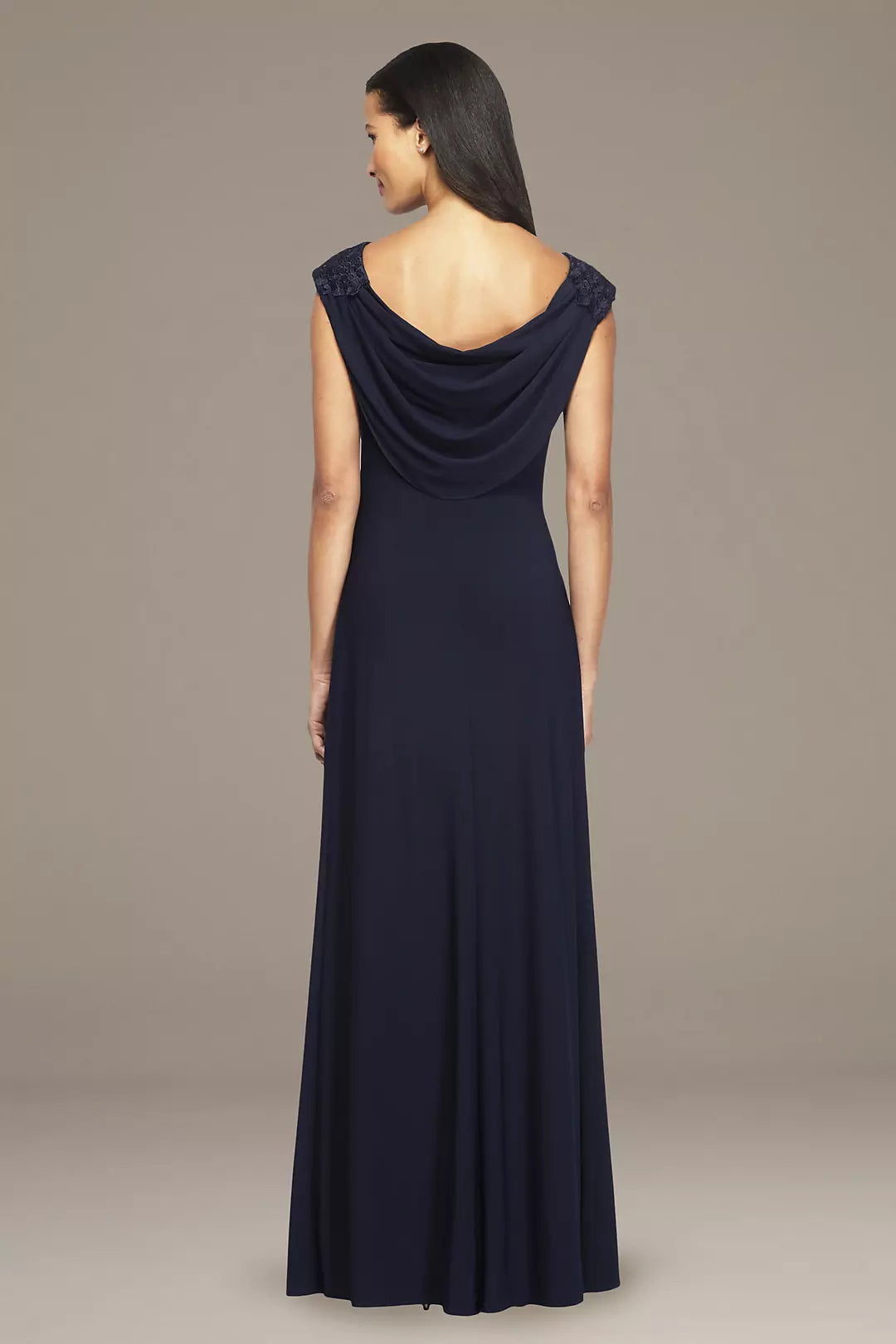 Elegant Navy Blue Sheath Scoop Neck Cap Sleeve Cowl Back Long Evening Dresses