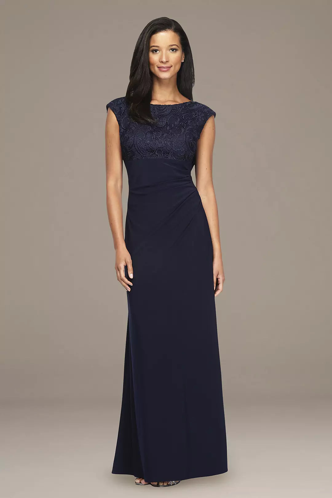 Elegant Navy Blue Sheath Scoop Neck Cap Sleeve Cowl Back Long Evening Dresses