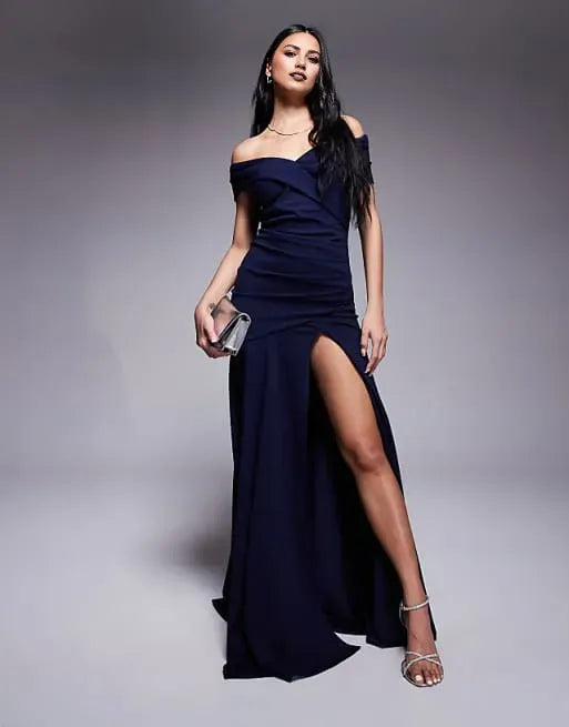 Elegant Navy Mermaid Off-Shoulder Sleeveless Ruched Back Zip High Side Slit Floor-Length Prom Dresses