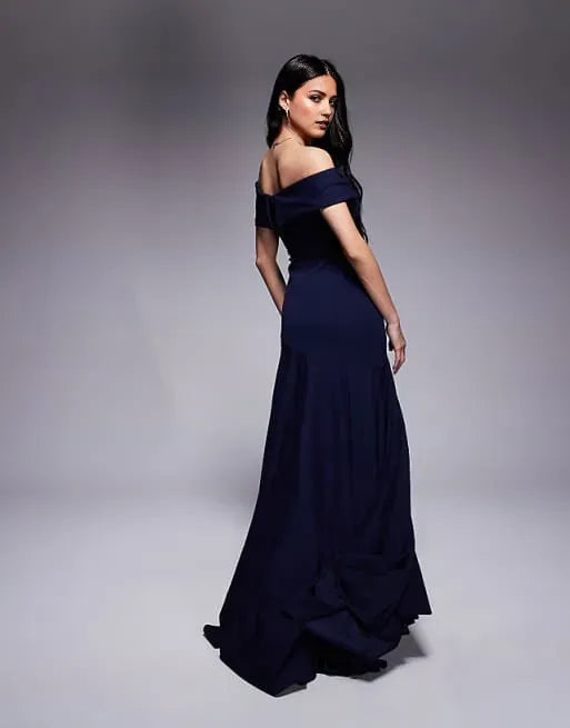 Elegant Navy Mermaid Off-Shoulder Sleeveless Ruched Back Zip High Side Slit Floor-Length Prom Dresses