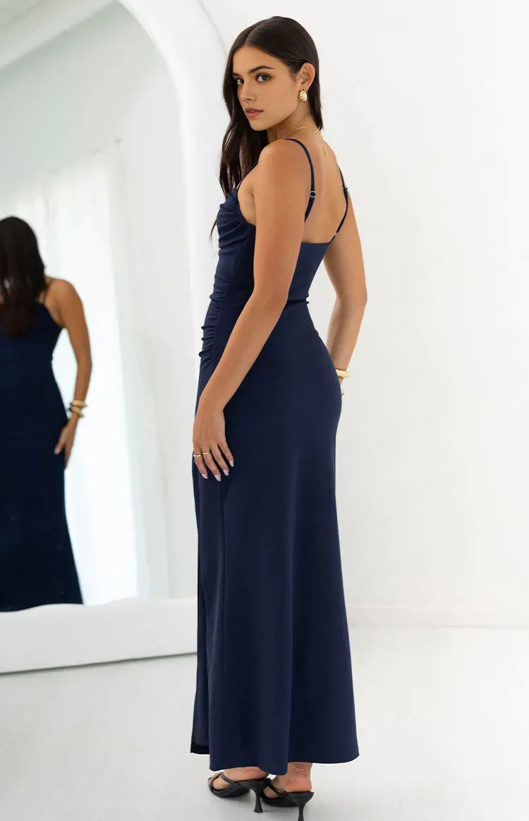 Elegant Navy Sheath Cowl Neck Spaghetti-Straps Back Zip Ruched High Side Slit Floor-Length Prom Dresses