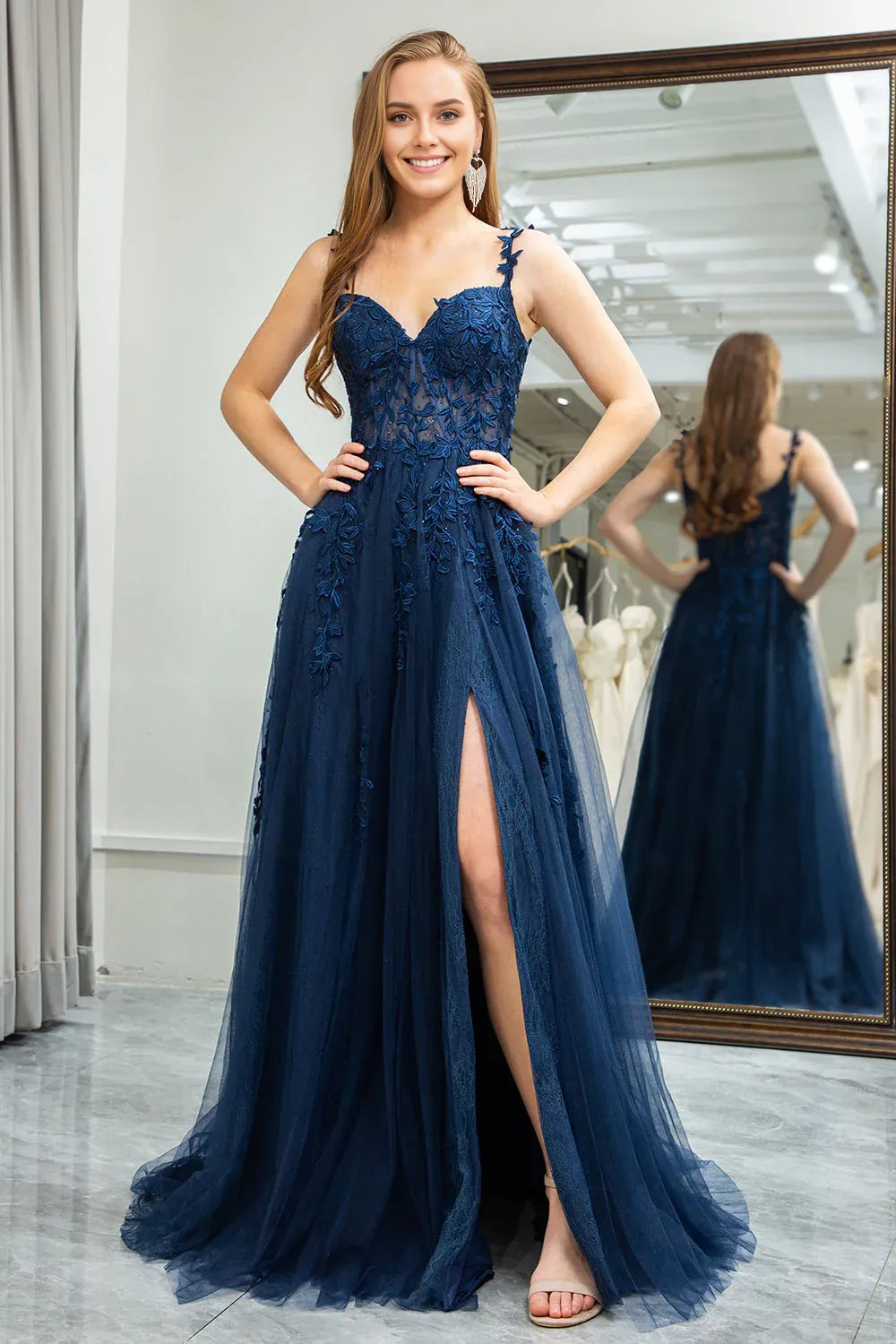 Elegant Navy Tulle A-Line Backless Appliqued Sweetheart Spaghetti-Strap Lace-Back Back Zip Floor-Length Corset Prom Dress With Slit