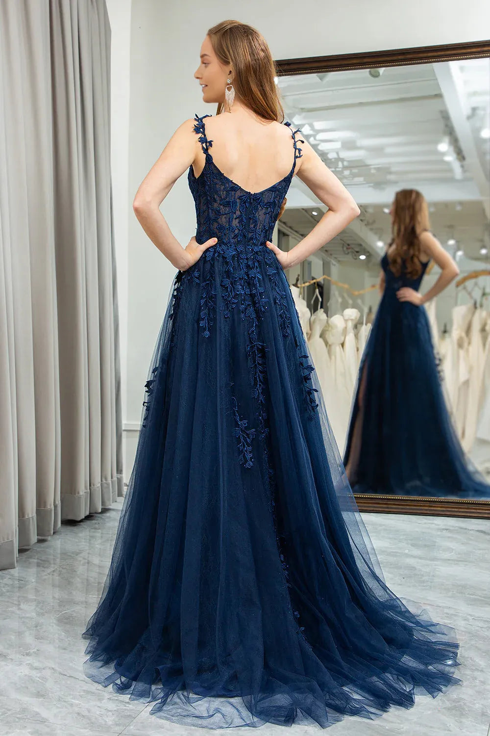 Elegant Navy Tulle A-Line Backless Appliqued Sweetheart Spaghetti-Strap Lace-Back Back Zip Floor-Length Corset Prom Dress With Slit