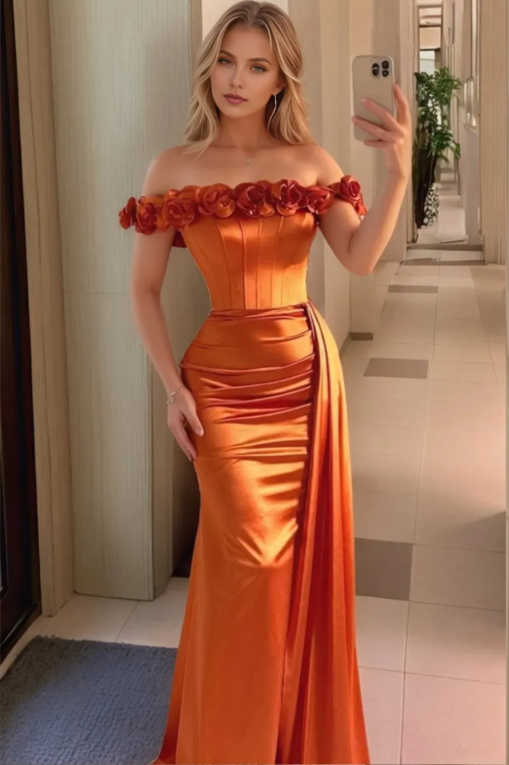 Elegant Orange Mermaid Off-Shoulder Sleeveless Back Zip Floor-Length Satin Glitter Prom Dress with Ruched