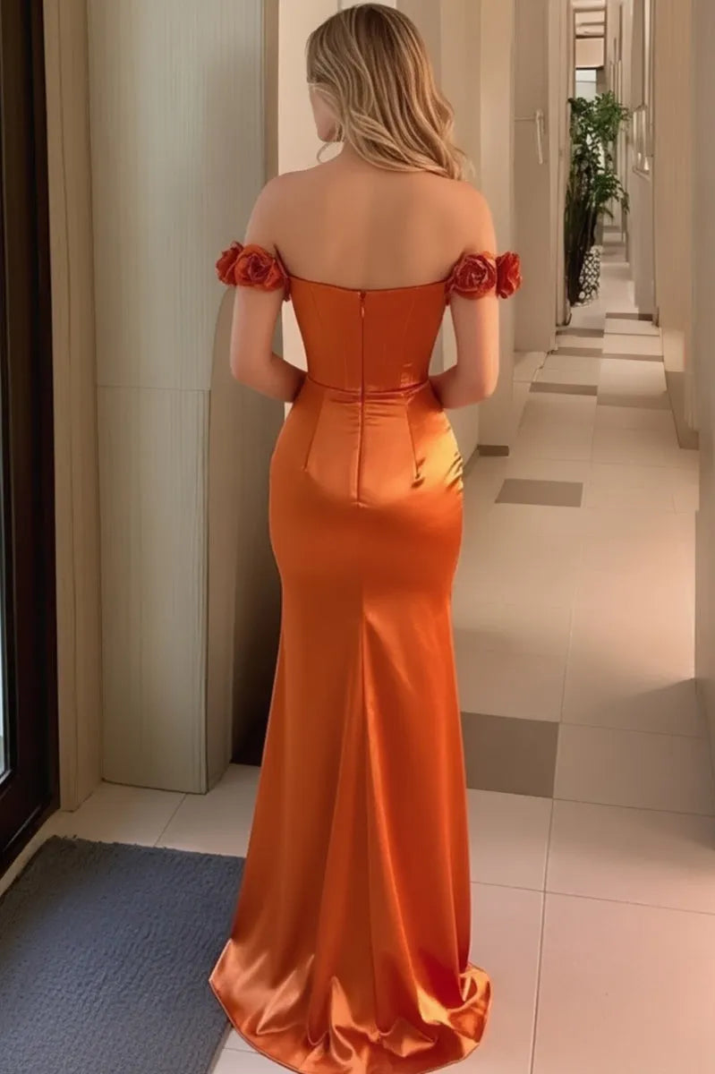 Elegant Orange Mermaid Off-Shoulder Sleeveless Back Zip Floor-Length Satin Glitter Prom Dress with Ruched
