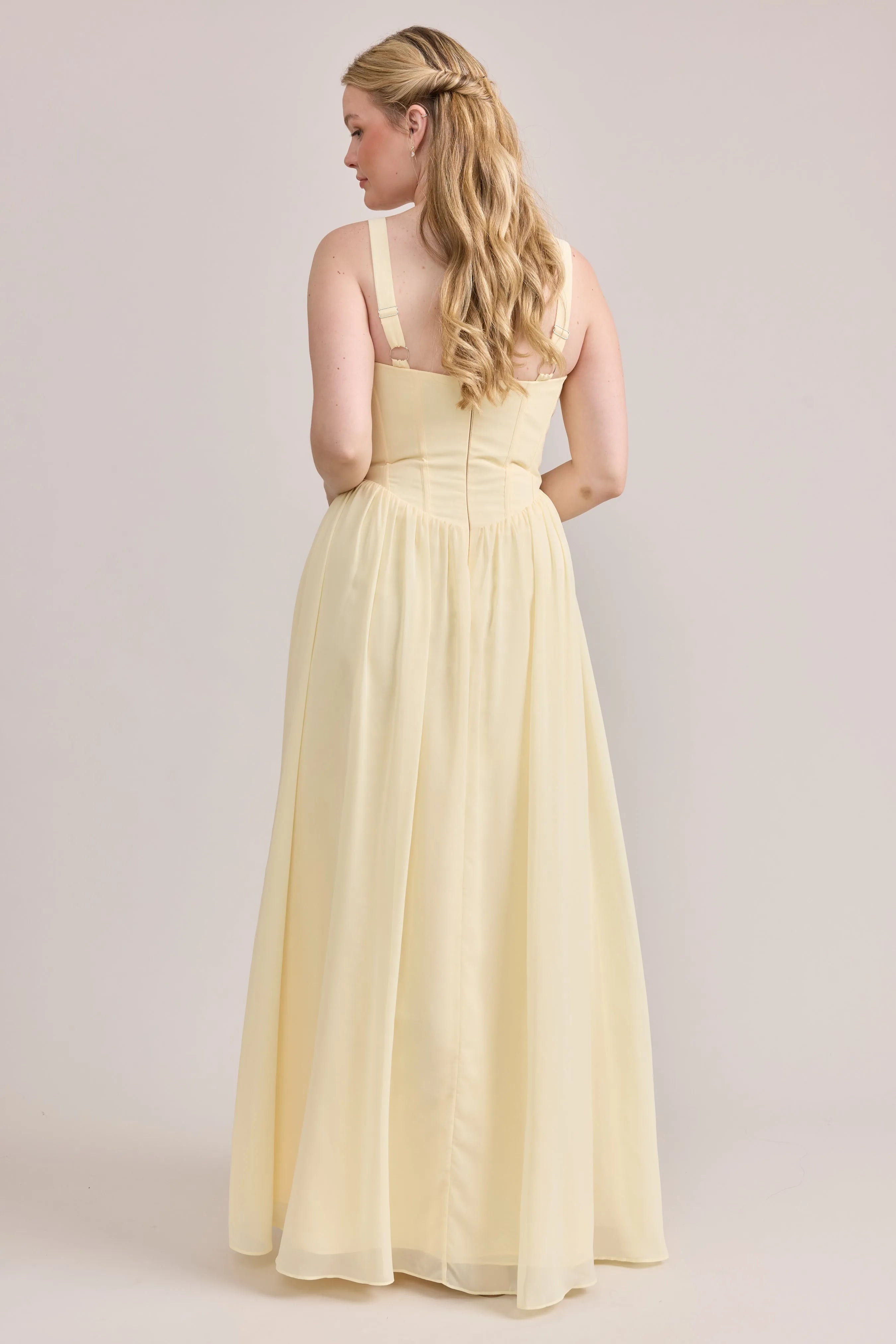 Elegant Pale Yellow A-line Sweetheart Neckline Sleeveless Back Zip Floor-length Bodice Chiffon Prom Dresses