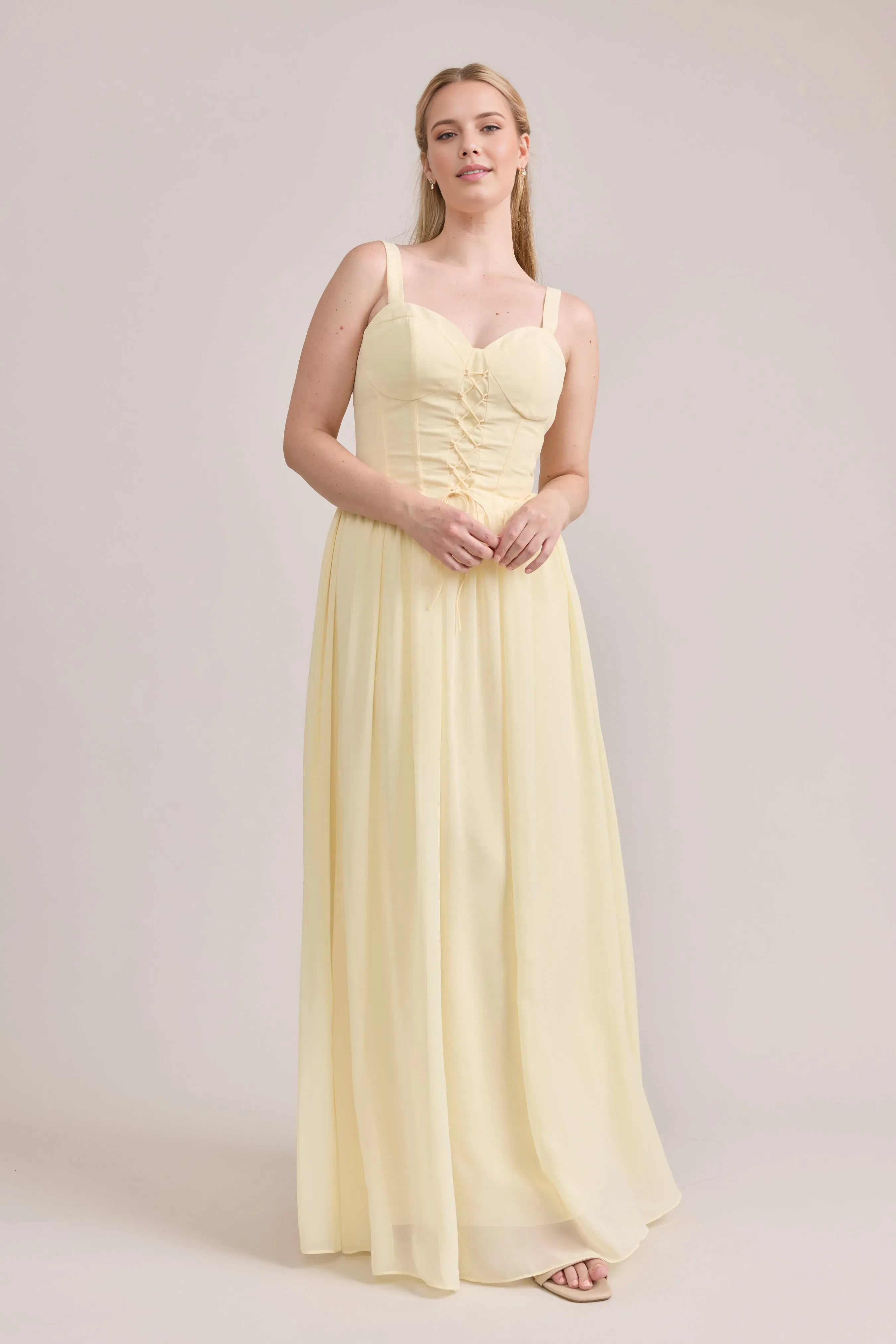 Elegant Pale Yellow A-line Sweetheart Neckline Sleeveless Back Zip Floor-length Bodice Chiffon Prom Dresses