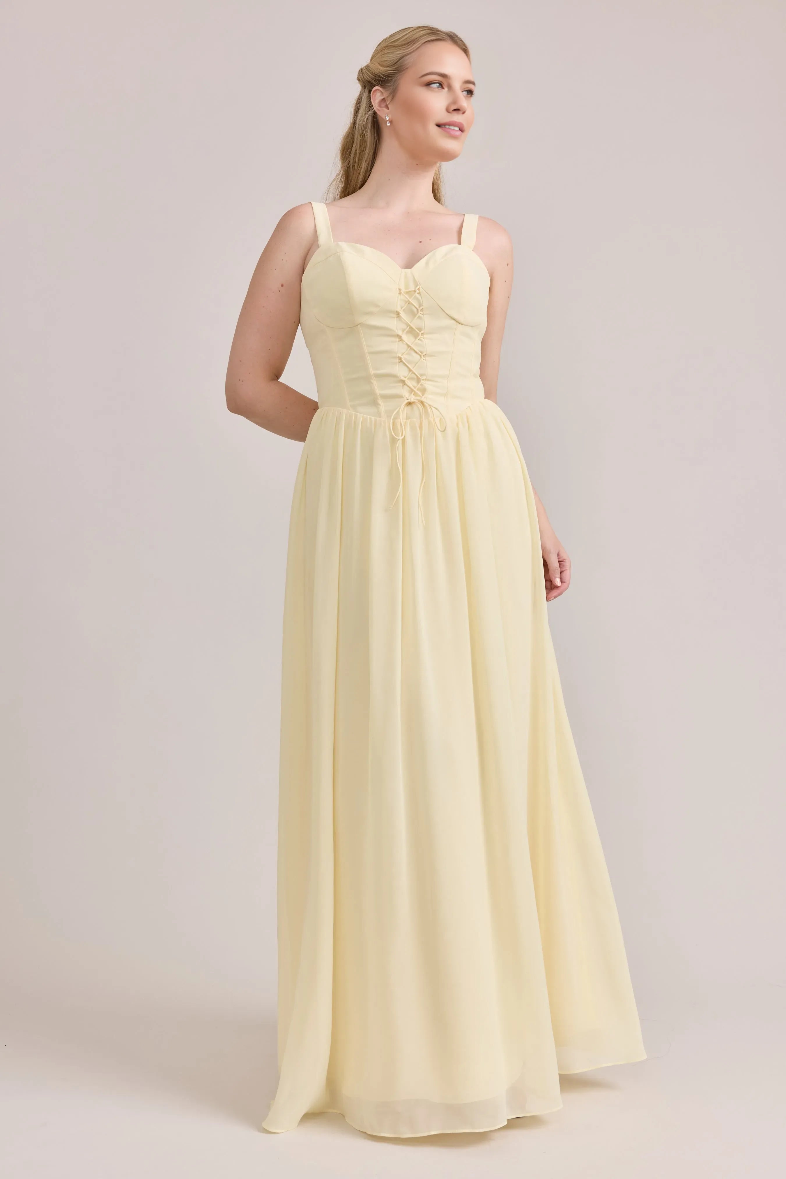 Elegant Pale Yellow A-line Sweetheart Neckline Sleeveless Back Zip Floor-length Bodice Chiffon Prom Dresses