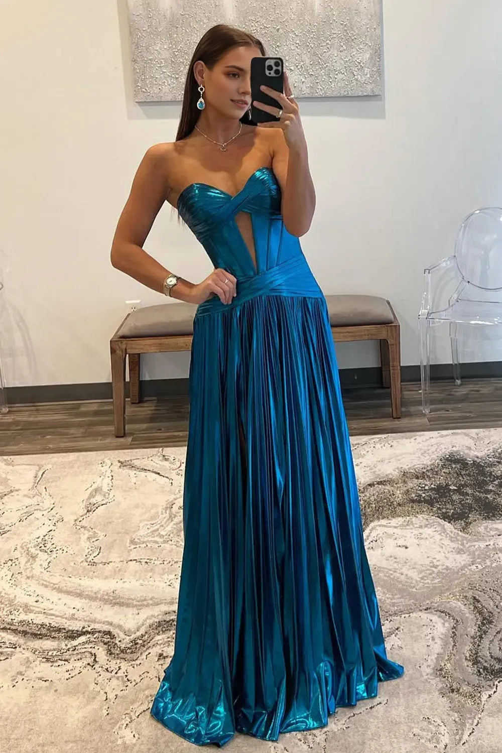 Elegant Peacock Blue A-Line Sweetheart Neck Sleeveless Metallic Back Zip High Side Slit Floor-Length Prom Dress