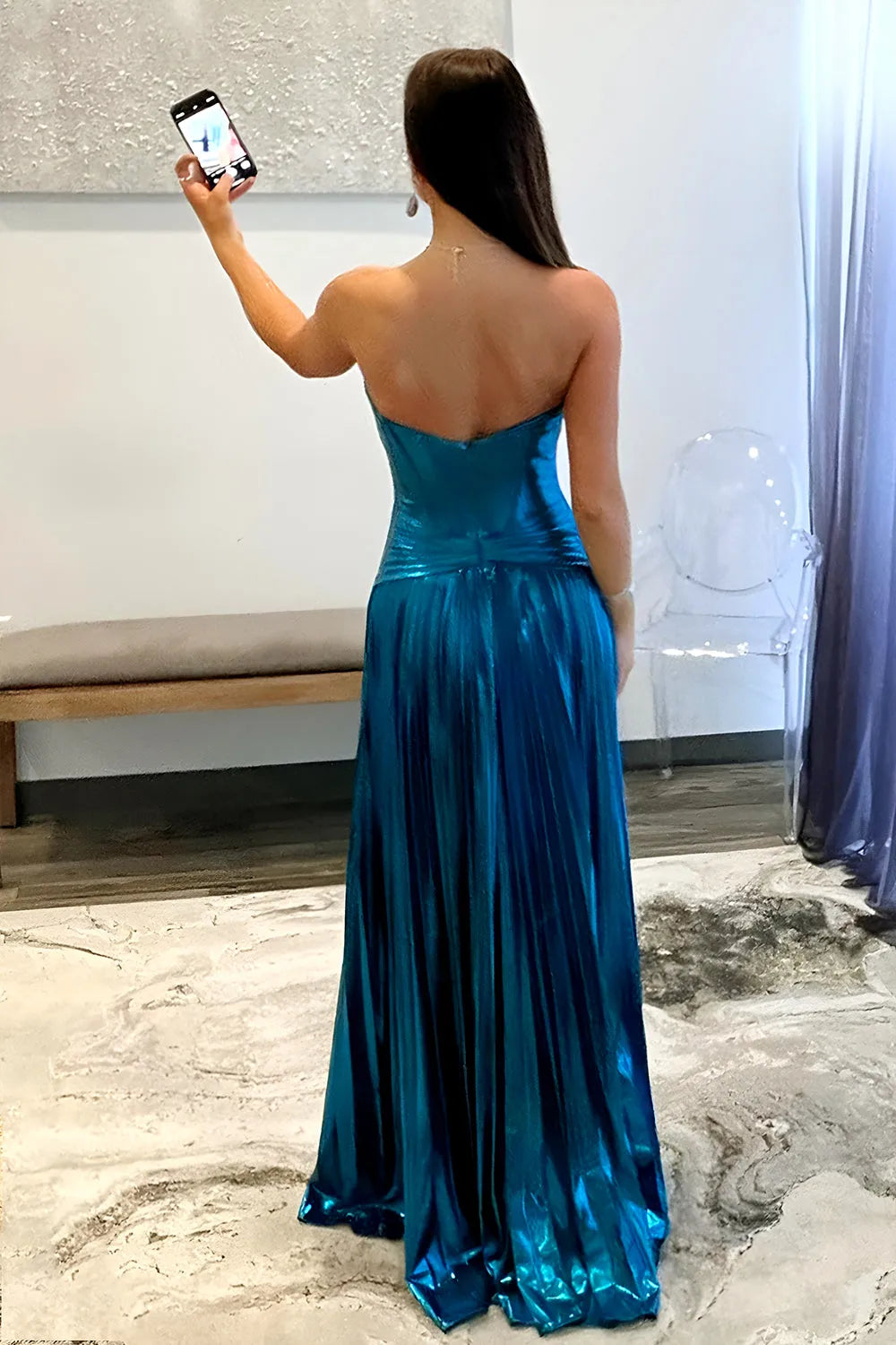 Elegant Peacock Blue A-Line Sweetheart Neck Sleeveless Metallic Back Zip High Side Slit Floor-Length Prom Dress