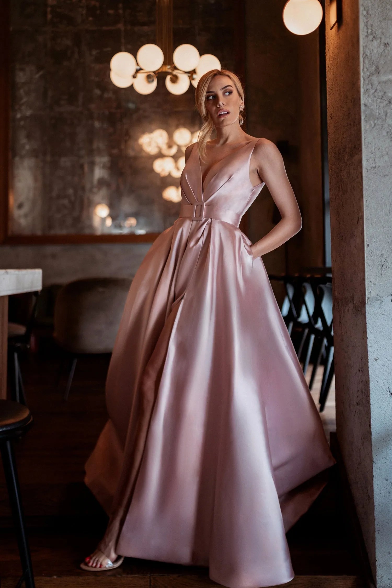 Elegant Pink A-Line Deep V-Neck Sleeveless Buckle-Embellished V back Floor-Length Prom Dress Hot Sale