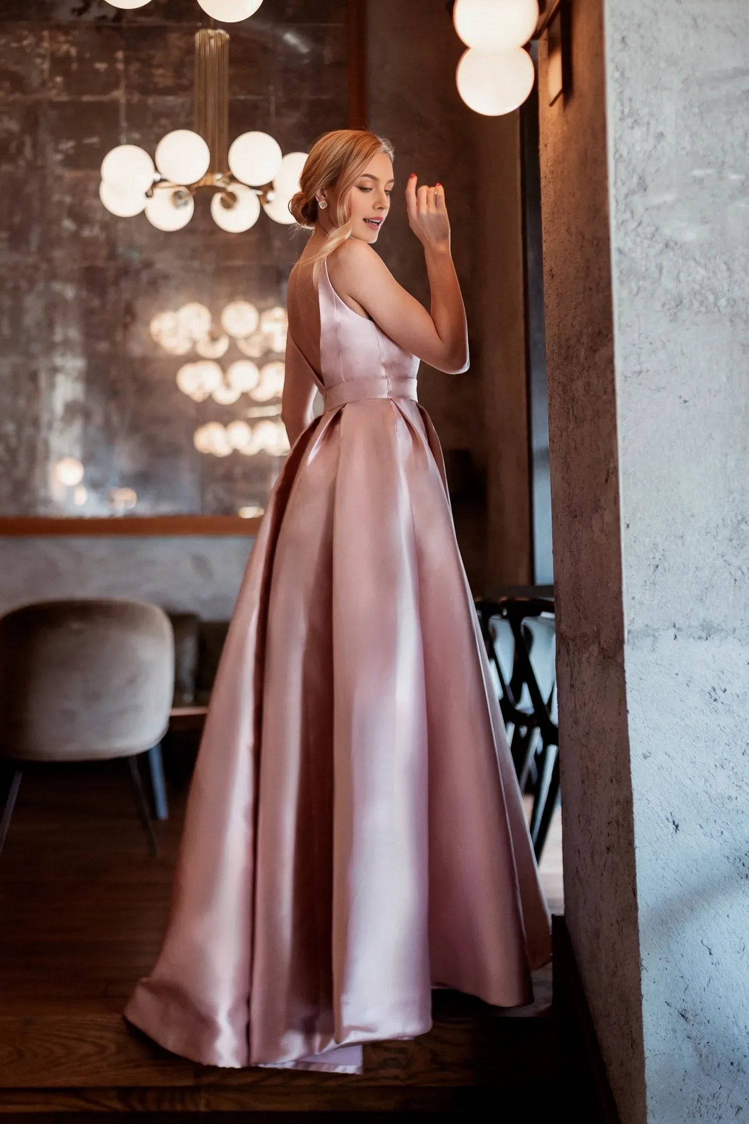 Elegant Pink A-Line Deep V-Neck Sleeveless Buckle-Embellished V back Floor-Length Prom Dress Hot Sale