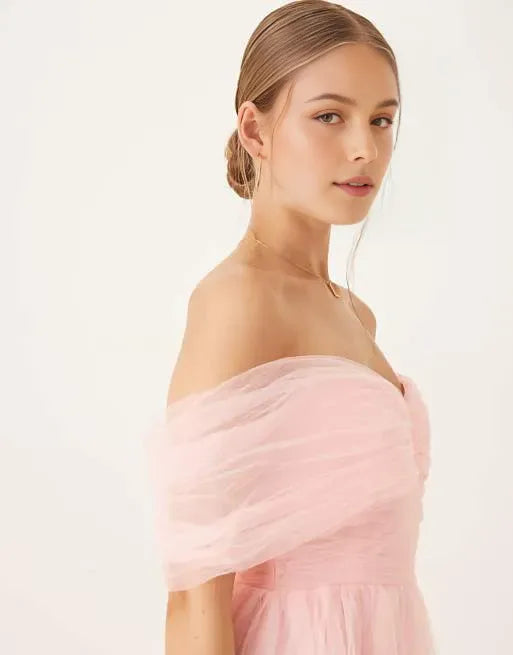 Elegant Pink A-Line Off-Shoulder Sleeveless Tulle Back Zip Ankle-Length Prom Dresses for women Hot Sale
