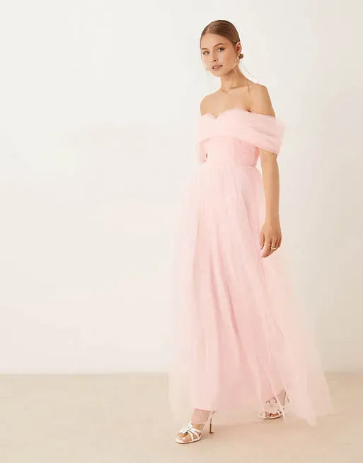 Elegant Pink A-Line Off-Shoulder Sleeveless Tulle Back Zip Ankle-Length Prom Dresses for women Hot Sale