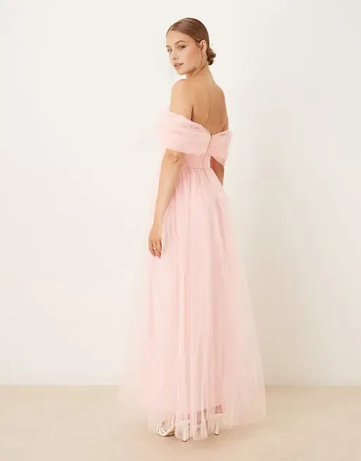 Elegant Pink A-Line Off-Shoulder Sleeveless Tulle Back Zip Ankle-Length Prom Dresses for women Hot Sale