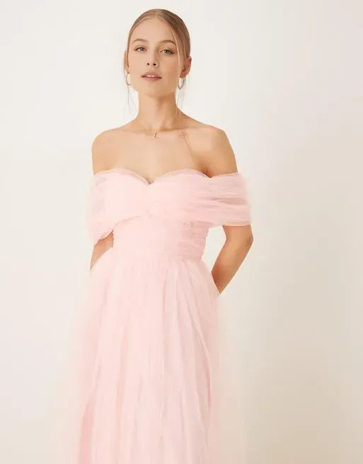 Elegant Pink A-Line Off-Shoulder Sleeveless Tulle Back Zip Ankle-Length Prom Dresses for women Hot Sale