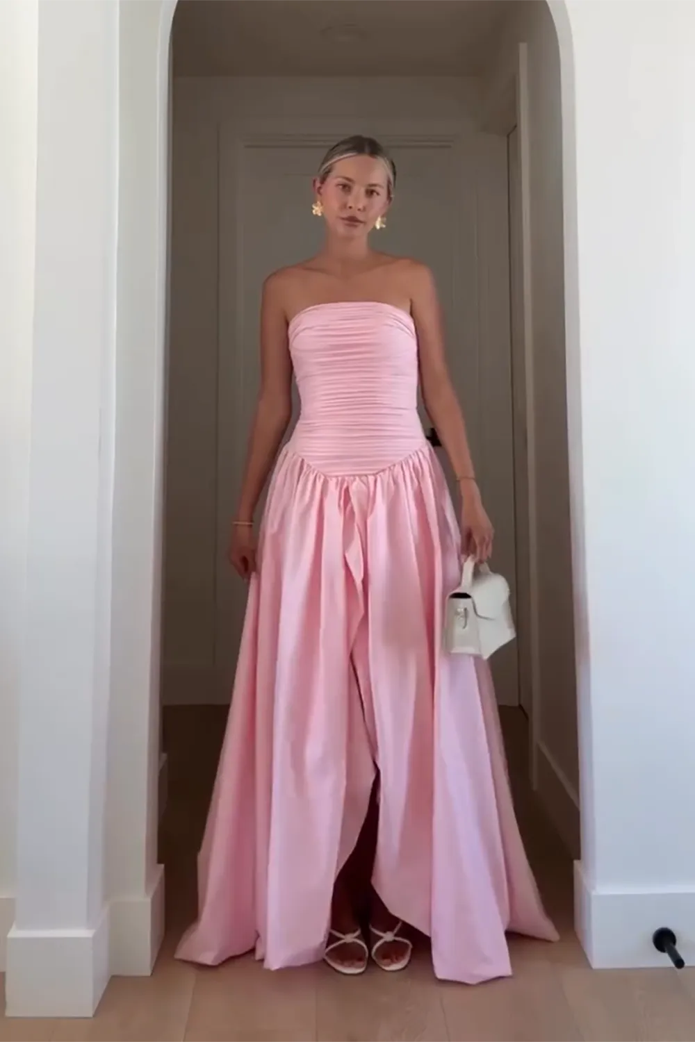 Elegant Pink A-Line Satin Strapless Sleeveless Ruched Lace Up Floor-Length Prom Dress with Slit