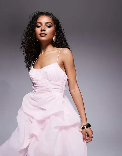 Elegant Pink A-Line Scoop Neck Spaghetti-Strap Ruffled Back Zip High-Low Prom Dresses Hot Sale