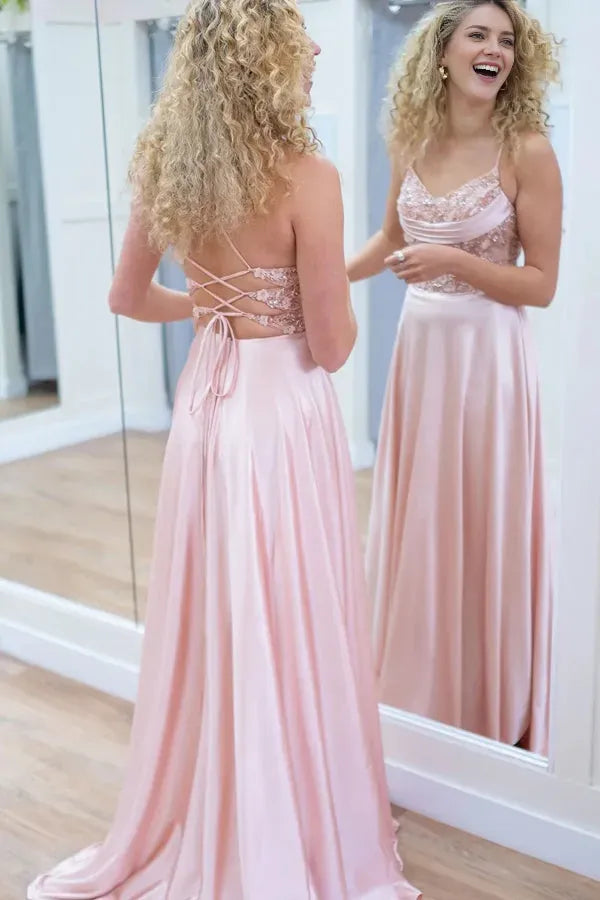 Elegant Pink A-Line Spaghetti Straps Sleeveless Satin Crisscross Back Floor-Length Prom Dresses With Appliques