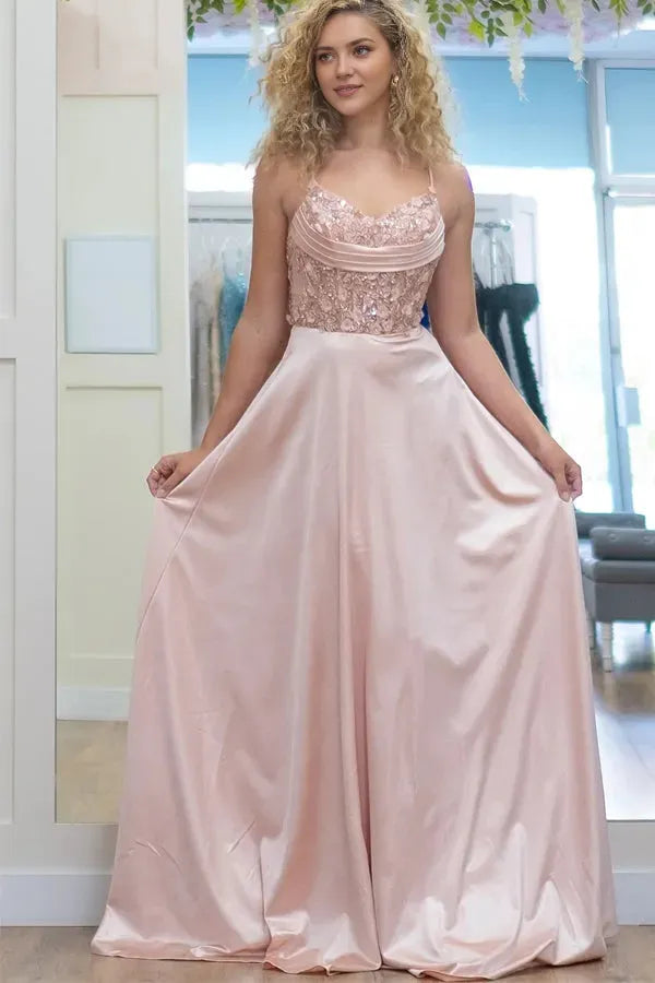 Elegant Pink A-Line Spaghetti Straps Sleeveless Satin Crisscross Back Floor-Length Prom Dresses With Appliques