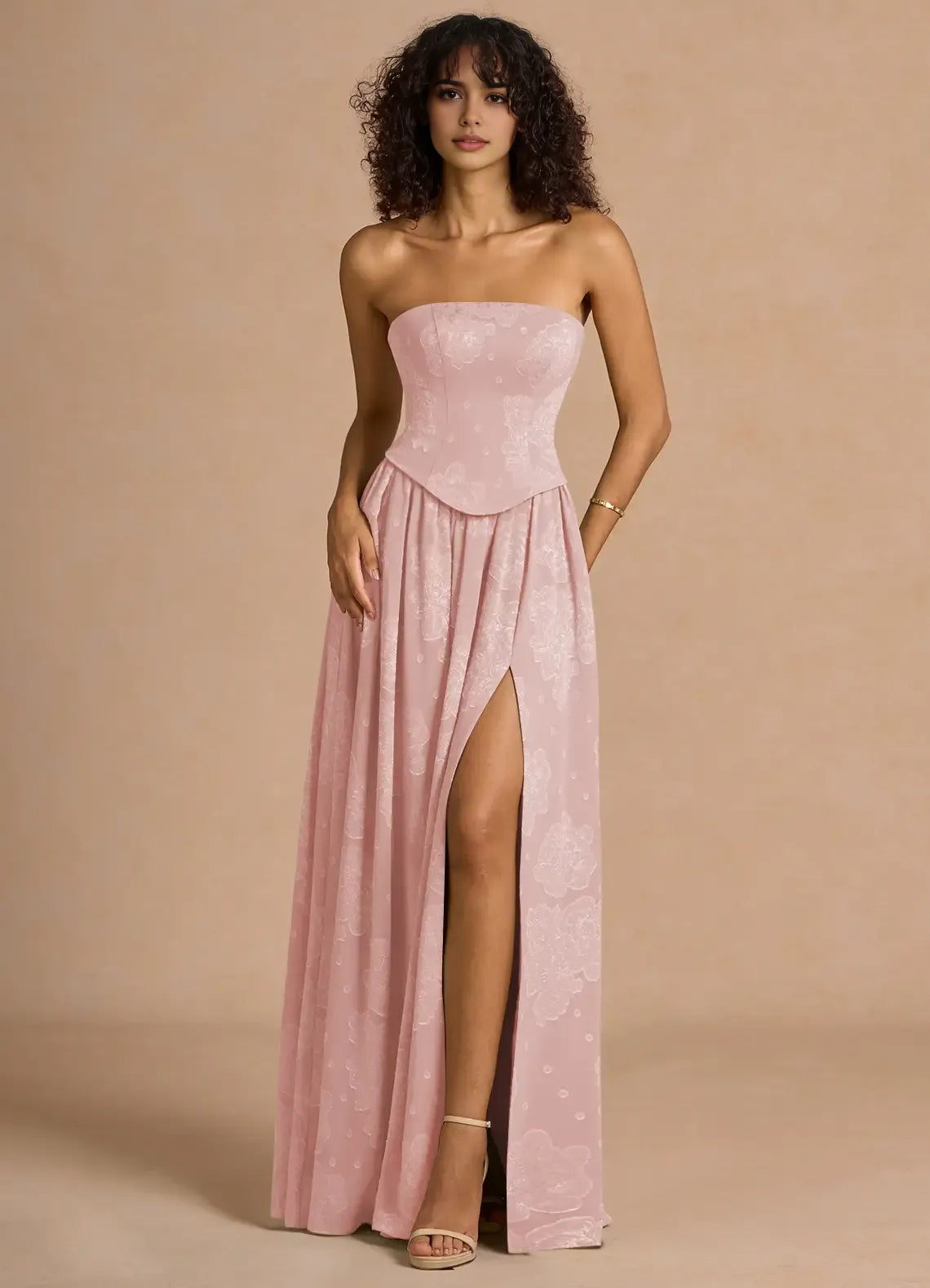 Elegant Pink A-Line Strapless Sleeveless Lace-Up Back Floor-Length Floral-Embroidered Prom Dress with High Slit