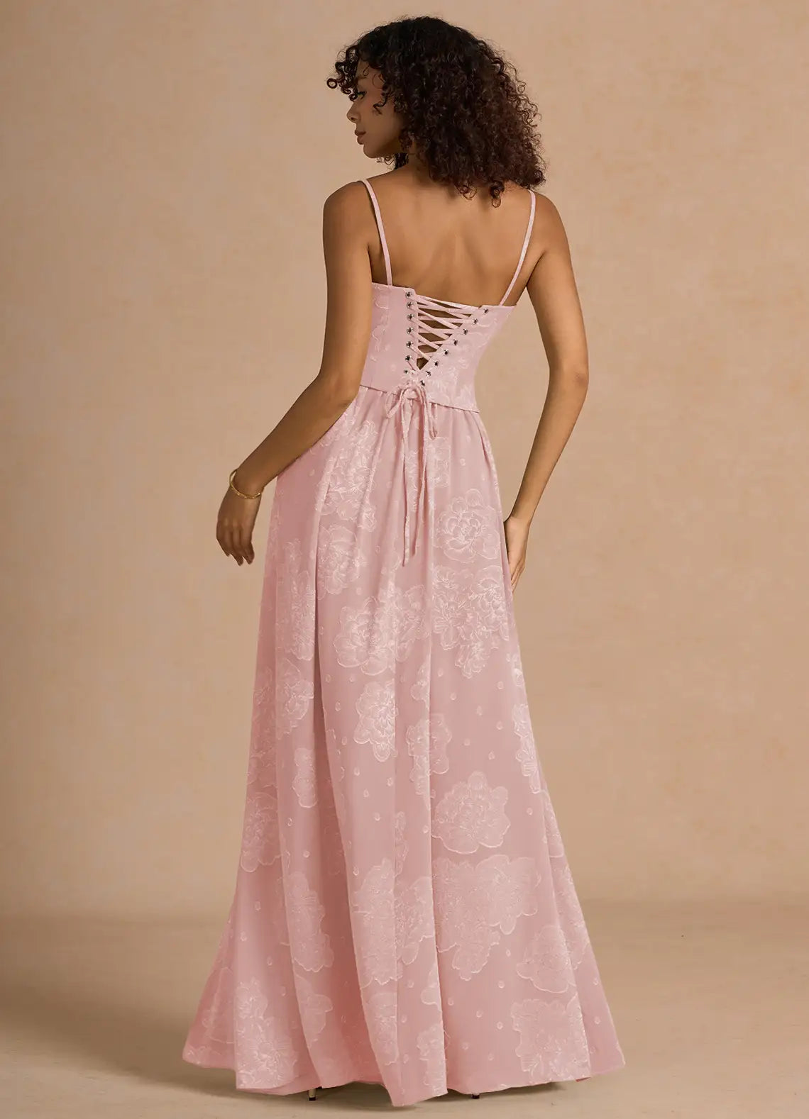 Elegant Pink A-Line Strapless Sleeveless Lace-Up Back Floor-Length Floral-Embroidered Prom Dress with High Slit
