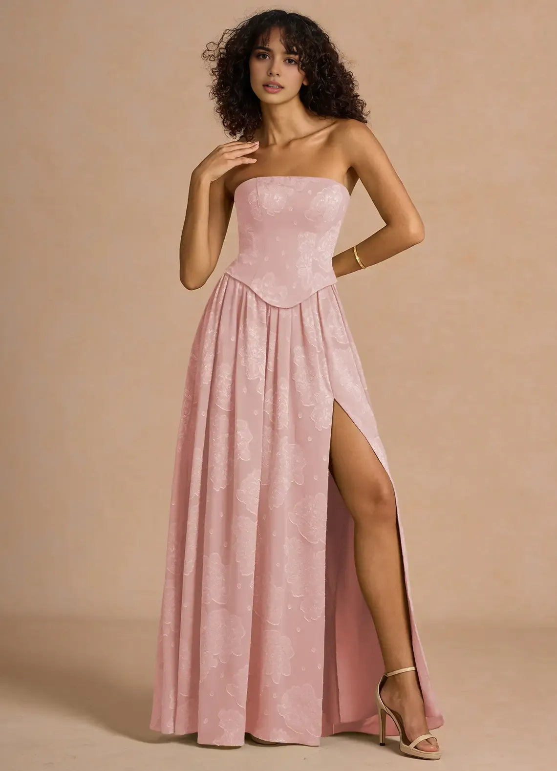 Elegant Pink A-Line Strapless Sleeveless Lace-Up Back Floor-Length Floral-Embroidered Prom Dress with High Slit