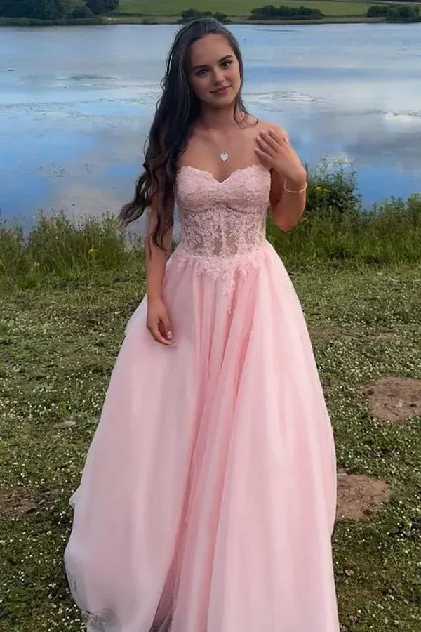Elegant Pink A-Line Sweetheart Neck Sleeveless Lace up Lace Tulle Floor-Length Prom Dresses