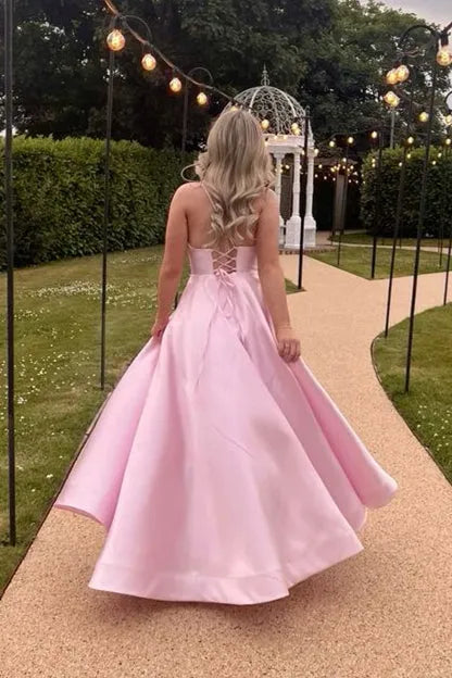 Elegant Pink A-line Sweetheart Neck Spaghetti Strap High Waist Lace Up Floor-Length Prom Dress